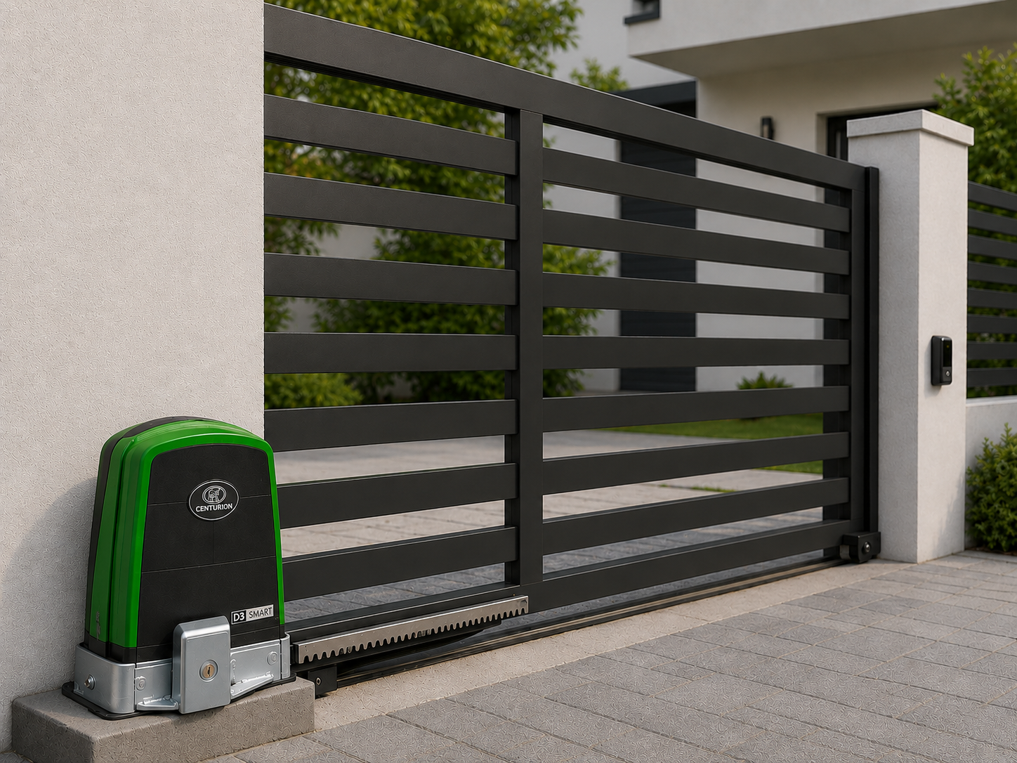 Centurion D5 Smart gate motor operating an automated sliding security gate at a residential property