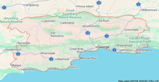 Map of the Garden Route service area covered by Xtreme Solutions Security for CCTV, electric fencing, gate automation and access control installations