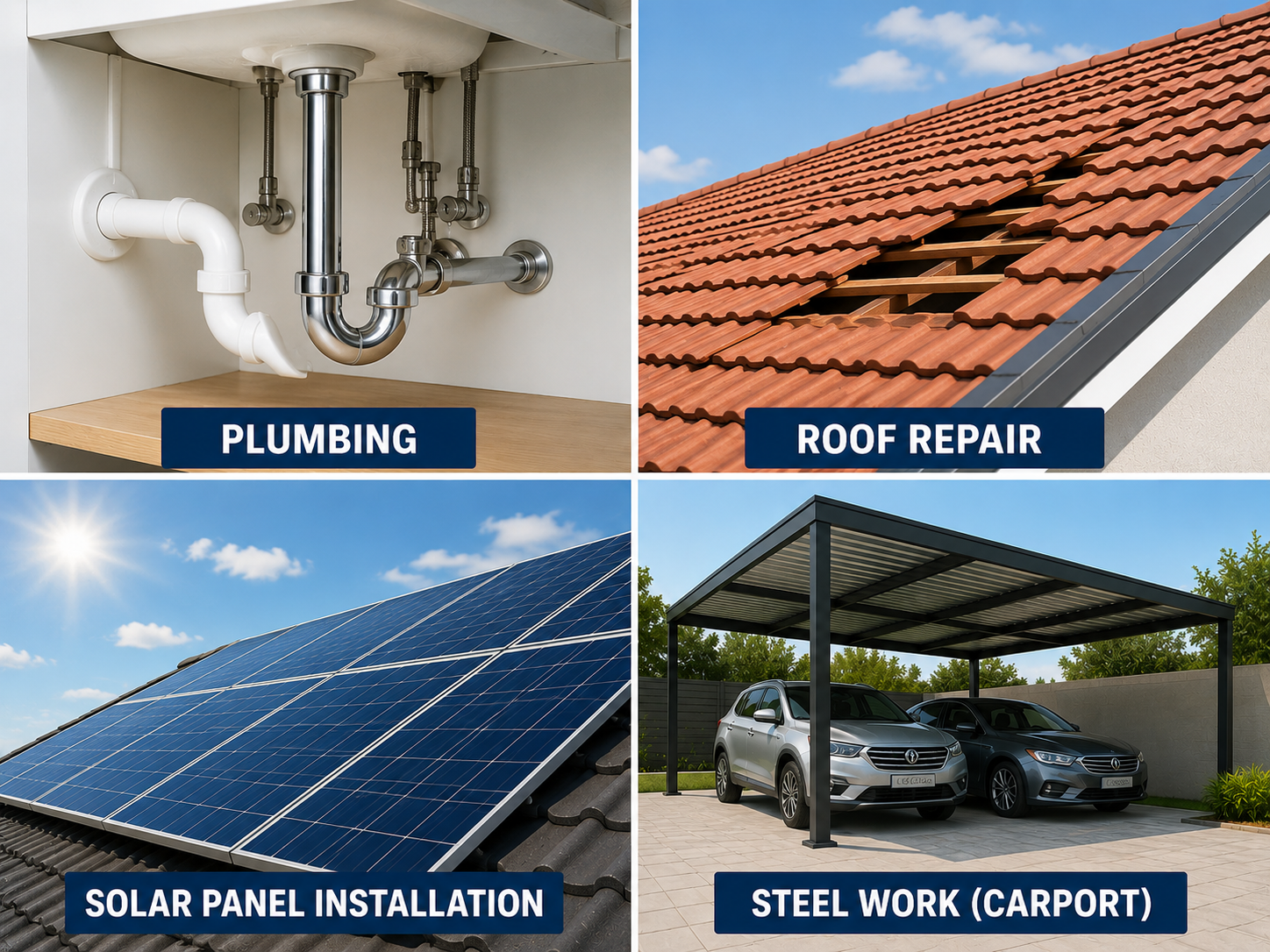 Professional property maintenance services including plumbing, roof repairs, solar panel installation and steel carport construction by Xtreme Solutions Security